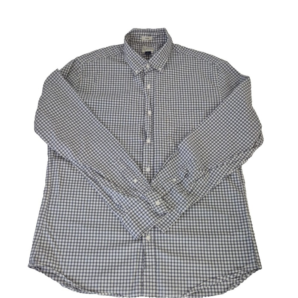 J Crew Shirt Mens Large Gray Gingham Check Slim Stretch Secret Wash Shirting